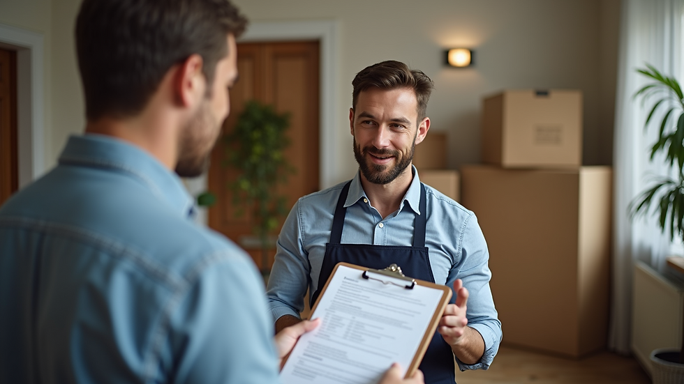 High angle view of a moving company employee discussing a checklist with a client