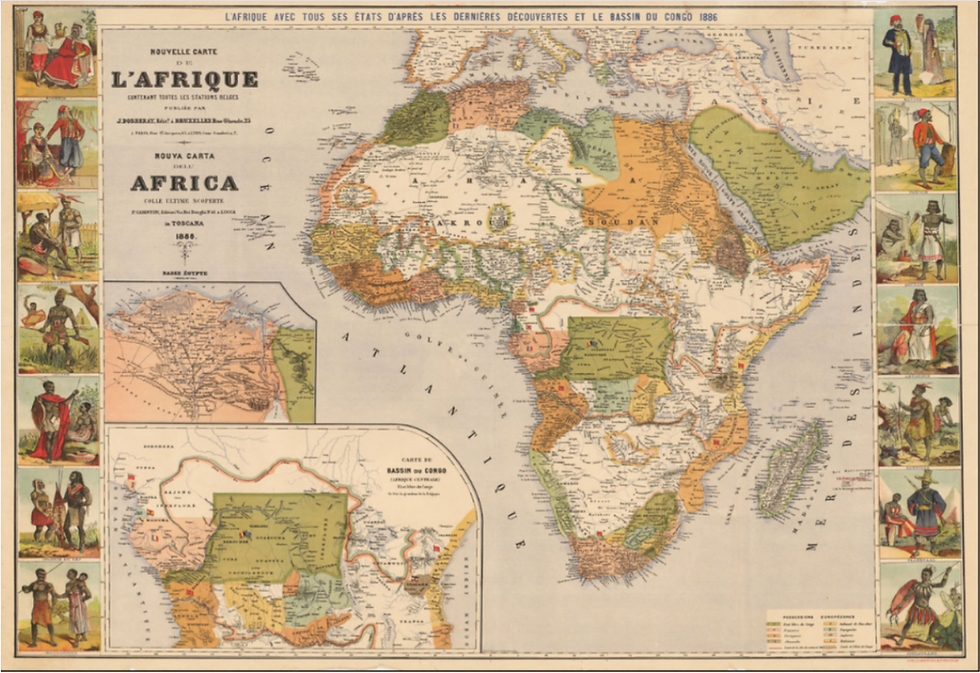 Mapa que mostra as fronteiras dos países africanos, que foram divididos entre as potências europeias durante a Conferência de Berlim.