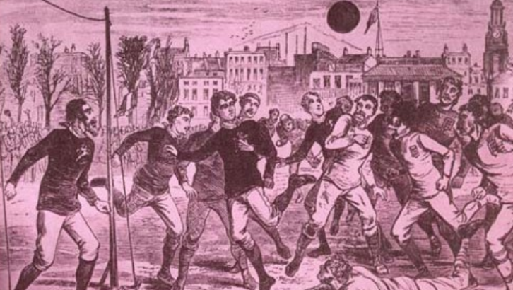Ilustração de uma partida de futebol durante a Revolução Industrial.