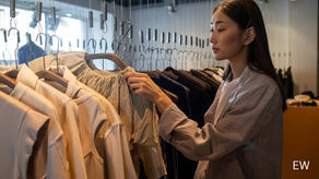 Woman browsing clothes on a rack in a clothing store.