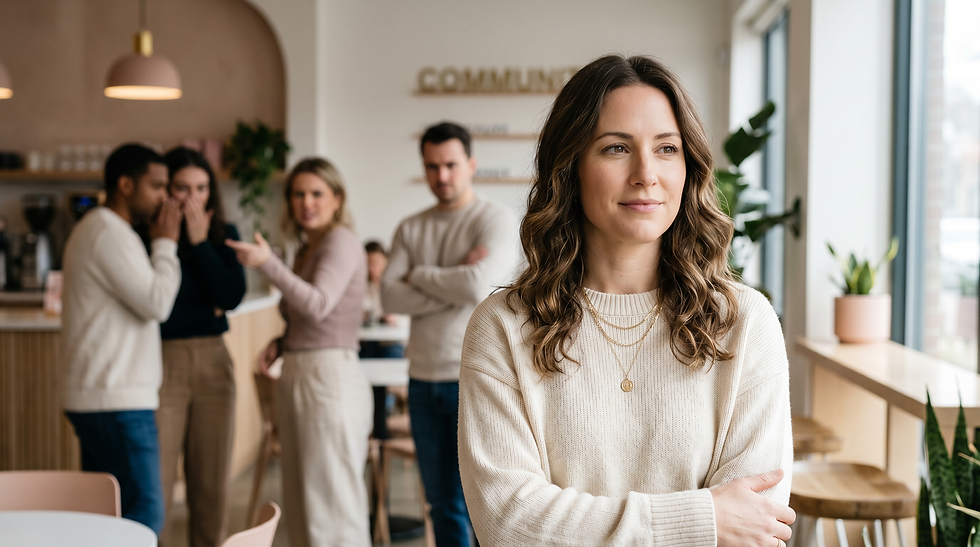 woman looking out the window while people are gossiping about her