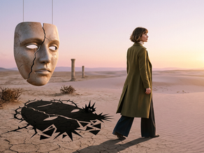 woman walking past a floating cracked mask