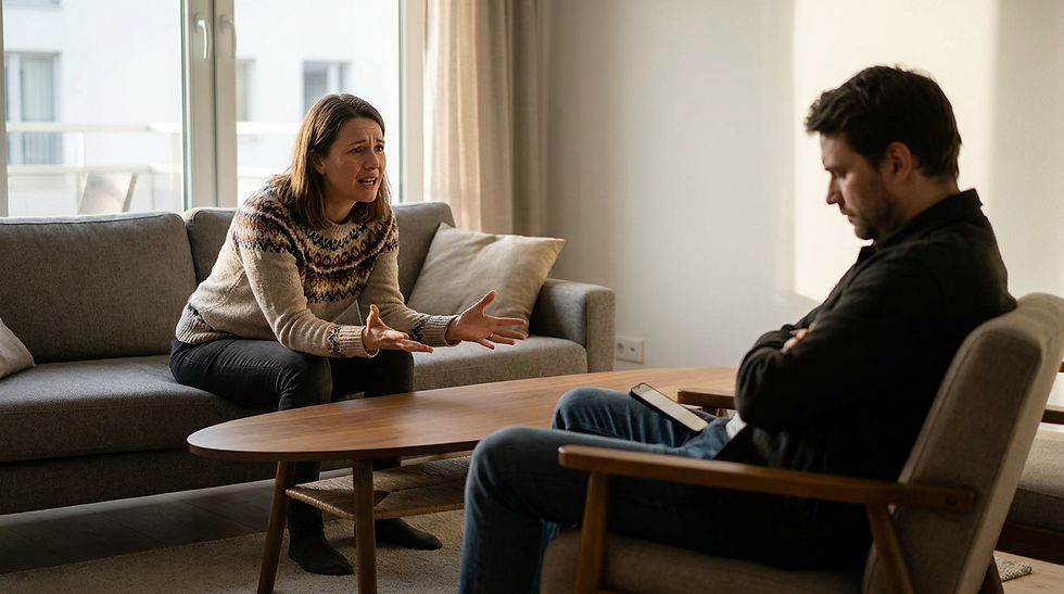woman trying to talk to a man who is not listening