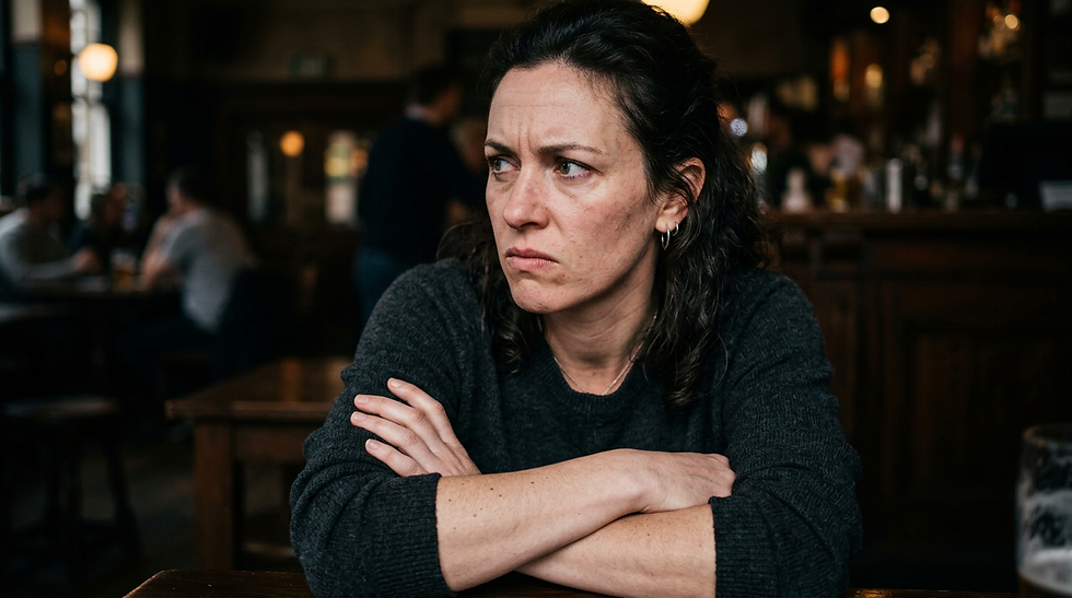 angry women with her arms crossed leaning on a table