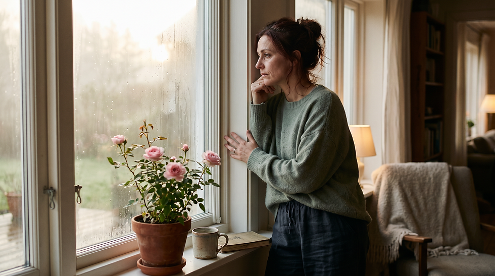 white woman staring out the window