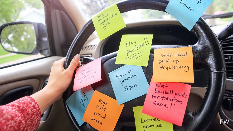 steering wheel covered with to do sticky notes