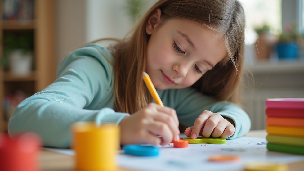 Close-up view of a daycare caregiver setting up a colorful learning activity