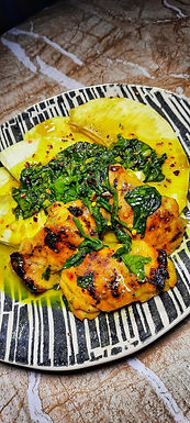 Grilled Coconut Chicken with Creamy Spinach Sauce & Oven Roasted Breadfruit