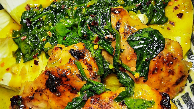 Grilled Coconut Chicken with Creamy Spinach Sauce & Oven Roasted Breadfruit