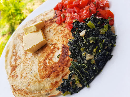 Saltfish Pancakes with Steamed Spinach and Basil Tomatoes