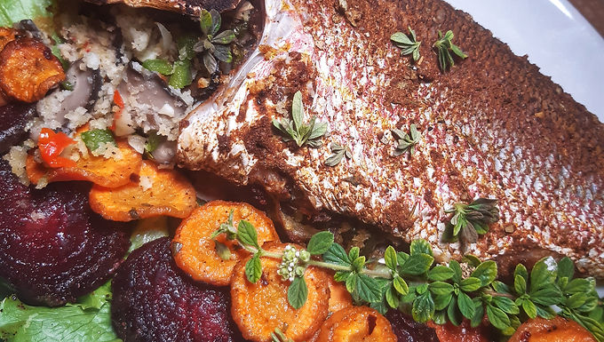 Mushrooms and Green Pepper Stuffed Snapper