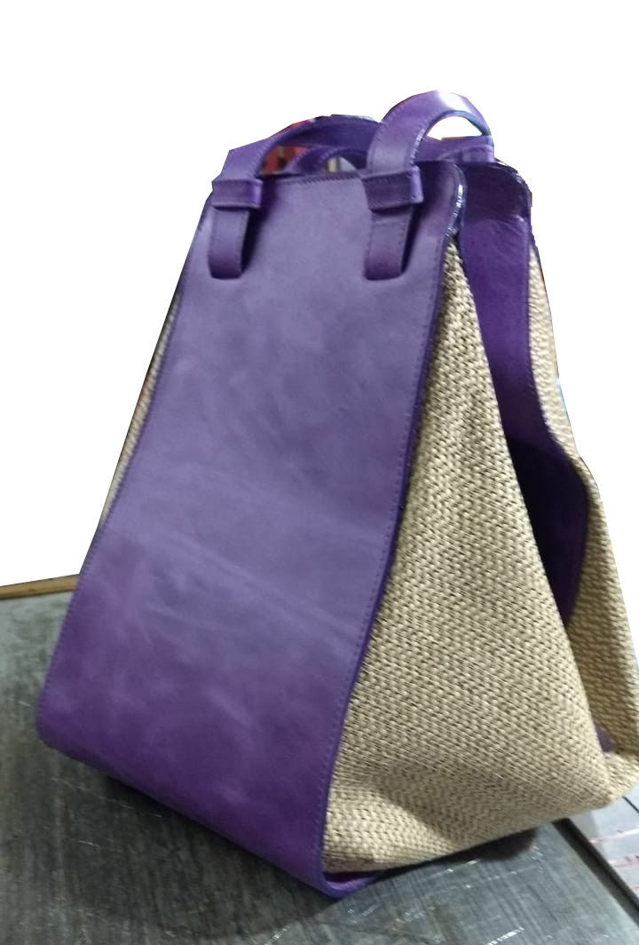 Miniatura: Cartera en rafia original con cuero encerado