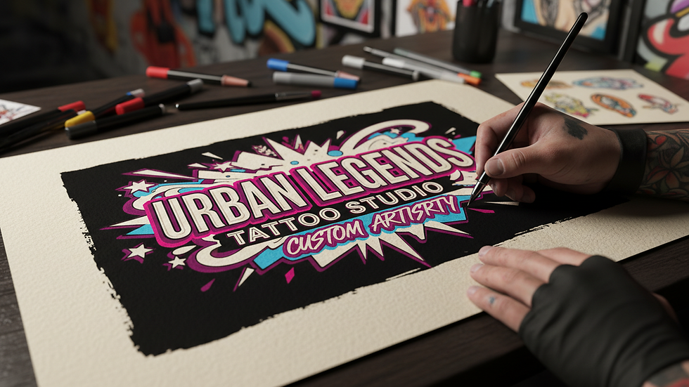 Close-up view of a tattoo artist sketching a custom design on paper