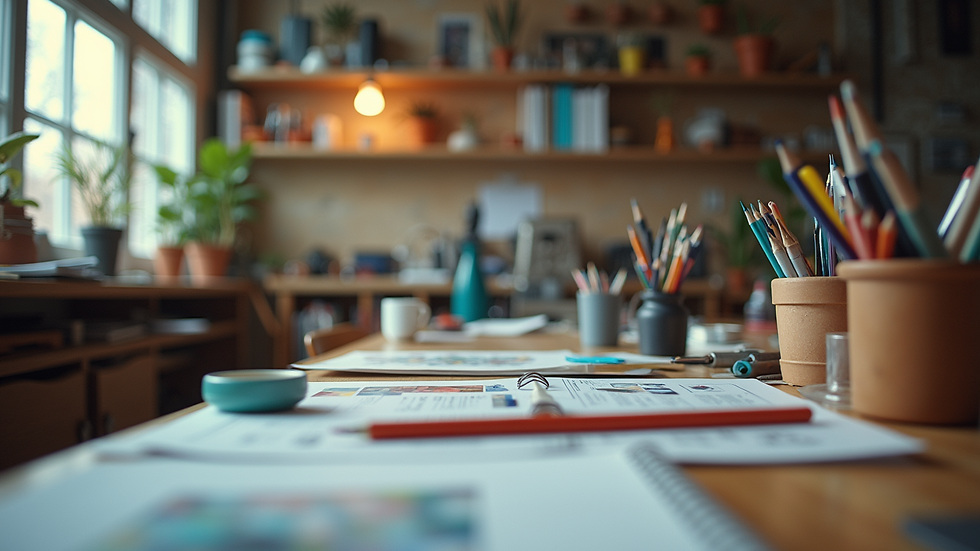 Eye-level view of a vibrant workspace filled with creative tools