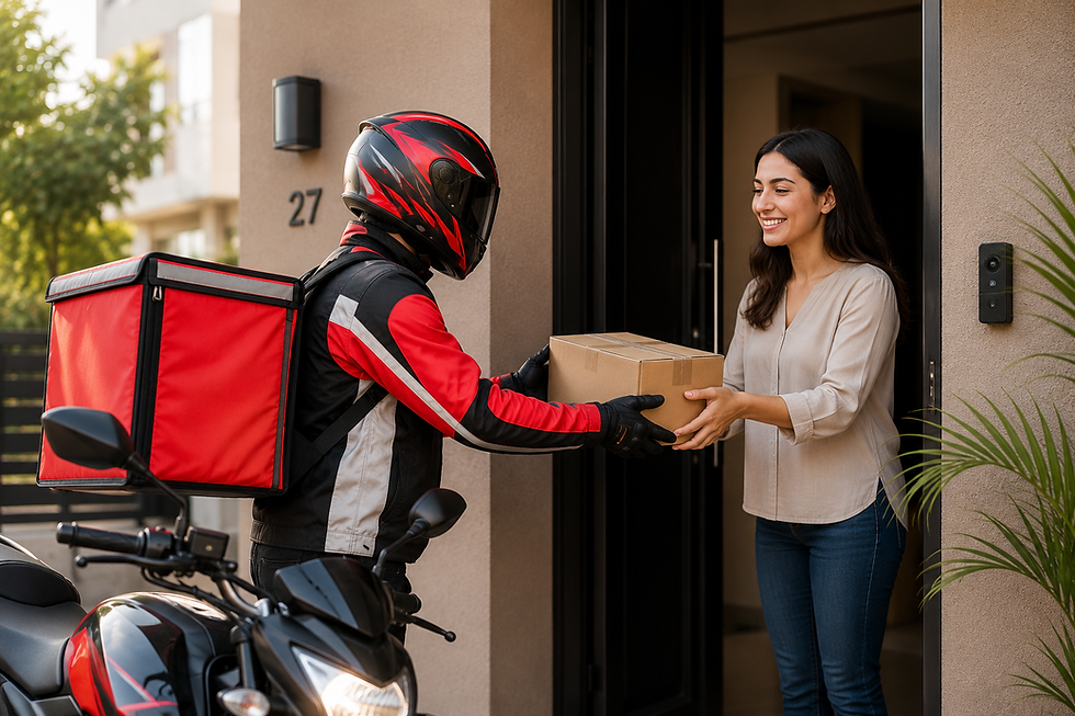 Smiling woman receives a cardboard package from a red-and-black helmeted delivery rider at her front door, house number 27 visible.