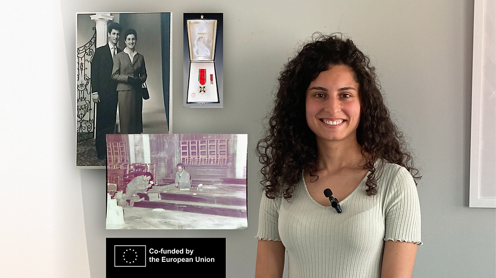 Alissa Scifo, smiling, next to old photos of her grandparents