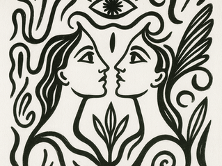 Black linocut-style illustration of two mirrored faces gazing at each other with a third eye above them, surrounded by flowing plant and feather-like shapes.