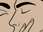 Minimalist line-art illustration of an intimate moment between a woman and a man. The woman’s face appears in soft side profile with closed eyes as she gently touches the man’s cheek with long fingers. The man is shown in side profile facing her, also with closed eyes, creating a calm and tender atmosphere. Bold black lines and textured dark hair contrast against a pale blush-pink background, framed by a hand-drawn black border in a retro graphic style.