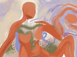 Abstract artwork of a seated feminine form in terracotta tones, evoking embodied awareness, trance, and expanded states of pleasure
