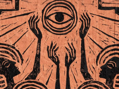 An etching of people reaching up to an all-seeing eye