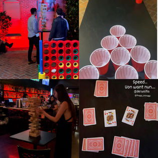 Guests playing beer pong, giant Jenga, and board games at Derwolf Pasadena during Taco Tuesday.