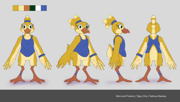turnarounds of Tippy Chix. Cartoony yellow chicken anthro character in a blue sports shirt, blue watch on left wing, and blue band on right ankle.