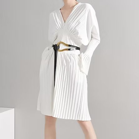 Thumbnail: Sakiya Pleated Long Sleeve Shirt Dress - White