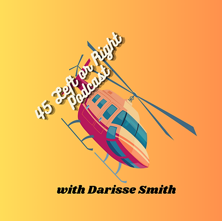 Yellow Orange Background with Multicolored Helicopter, white cursive lettering 45 Left or Right Podcast