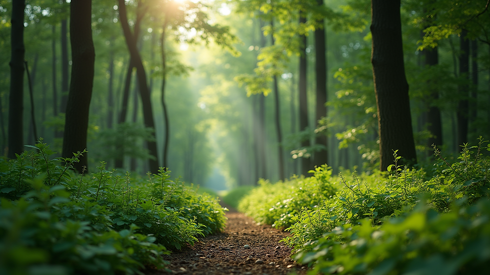 Wide angle view of a lush green forest