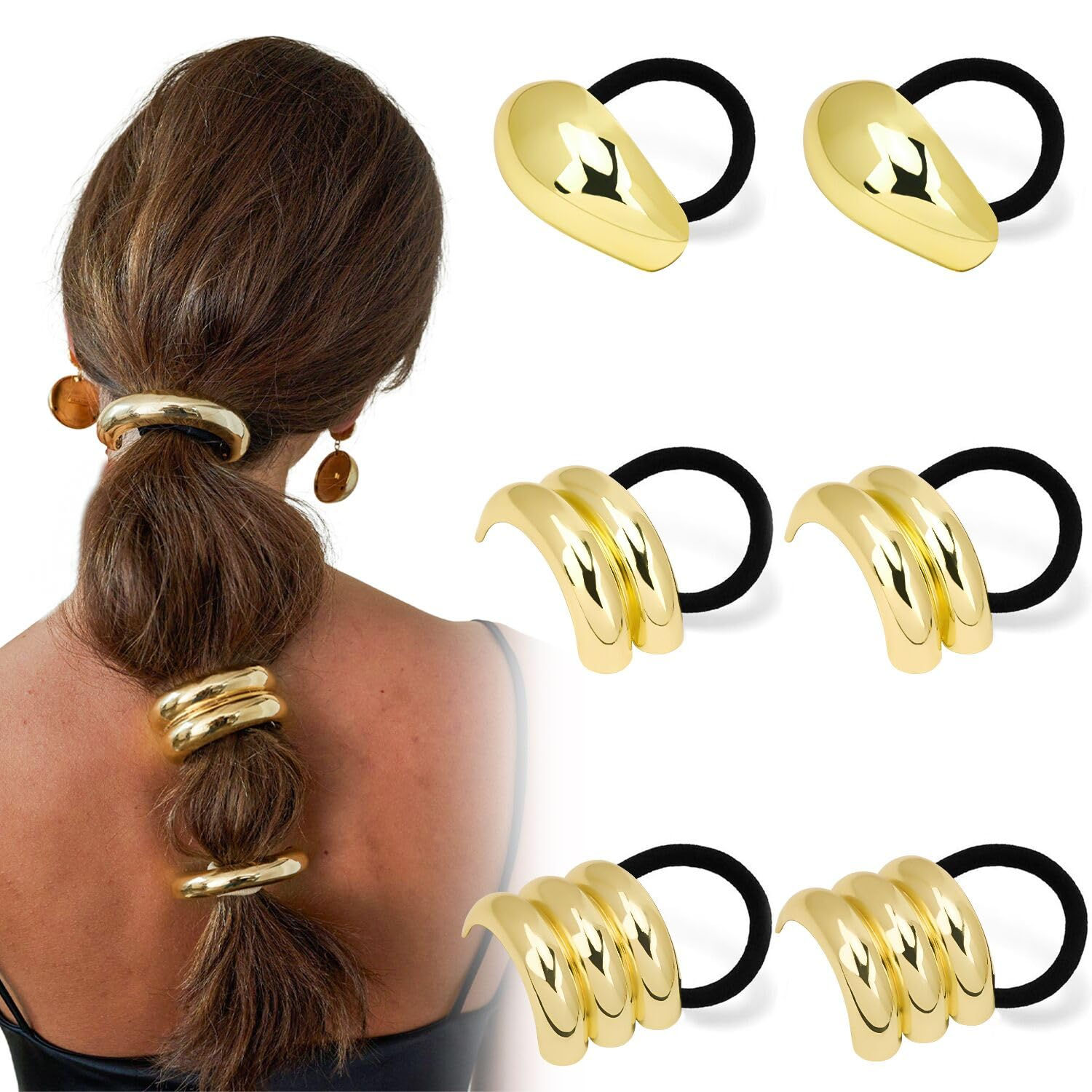 Chanaco 6Pcs Metal Hair Tie Gold Hair Cuffs for Women Geometric Gold Hair Ties P