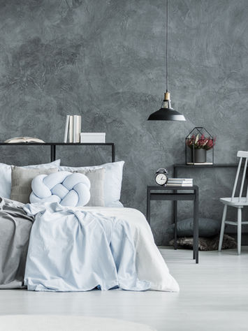 bright white and grey bedroom