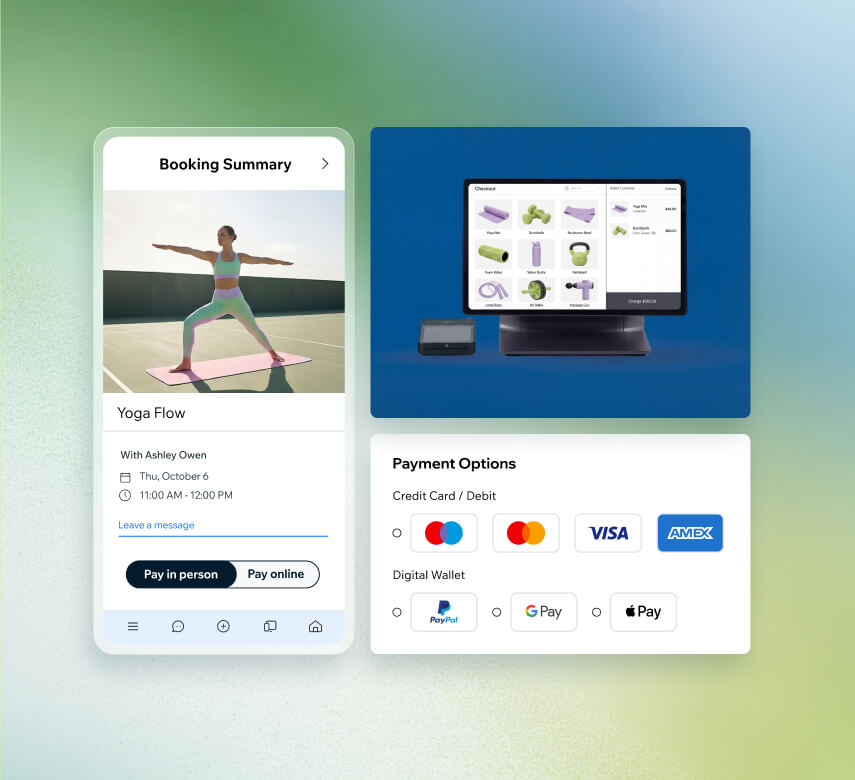 Booking summary for a yoga flow class with in-person and online payment options, POS system, and multiple payment methods including credit cards and digital wallets