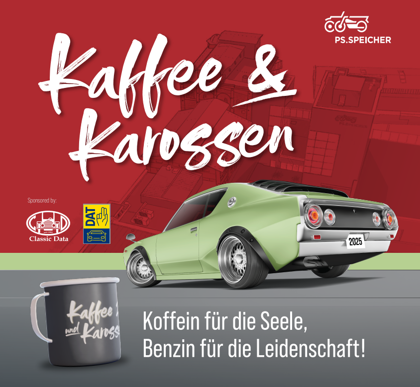 Veranstaltungsposter für "Kaffee & Karossen" mit einem grünen Oldtimer und der Aufschrift: "Koffein für die Seele, Benzin für die Leidenschaft!"