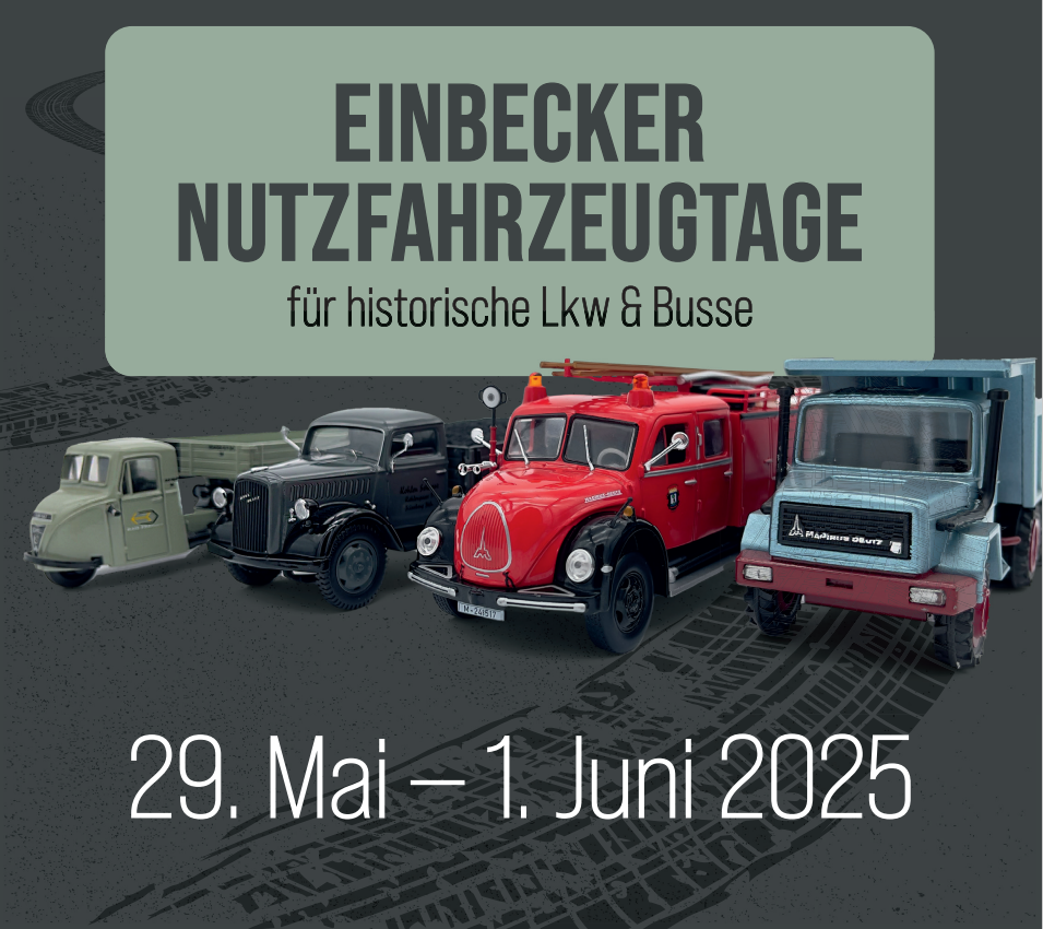 Poster für die Einbecker Nutzfahrzeugtage 2025, mit historischen Lastwagen und Bussen und den Daten 29. Mai bis 1. Juni.