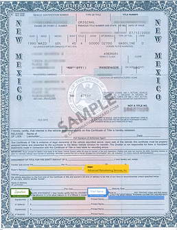 Sample New Mexico motor vehicle certificate of title illustrating vehicle ownership paperwork