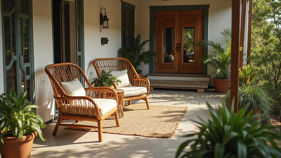 High angle view of cozy porch with native furniture and plants
