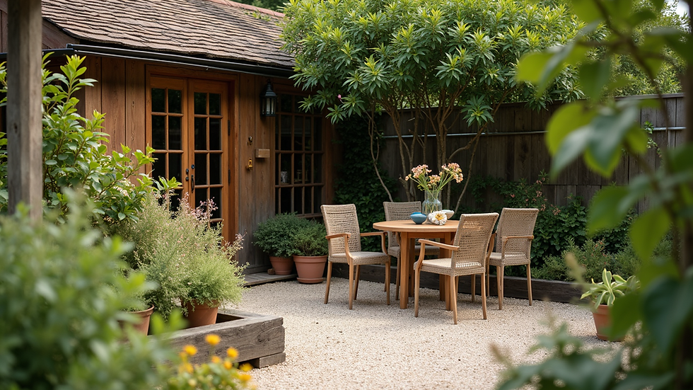 Eye-level view of a cozy garden corner with native plants and wooden furniture