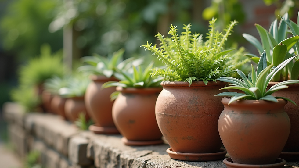 Close-up of rustic clay pots with native plants in a garden