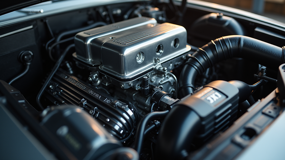 Close-up view of a performance car engine with gleaming components