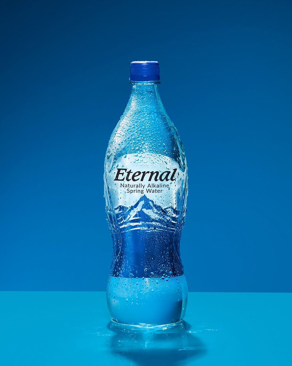 Eternal Water bottle displayed against a blue background