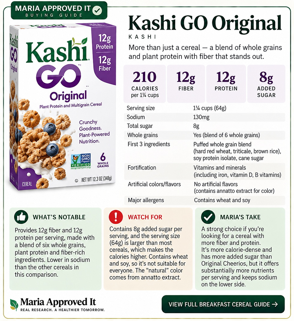 Kashi GO Original breakfast cereal nutritional guide.