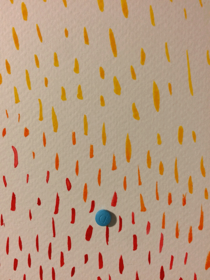A gif of raining medicine. There is a picture of a watercolour painting of rain that changes colour from yellow rain drops at the top, oranging in the middle and red at the bottom of the white page. Six blue round pills with the letter D carved into the apear over the rain drop painting one by one.