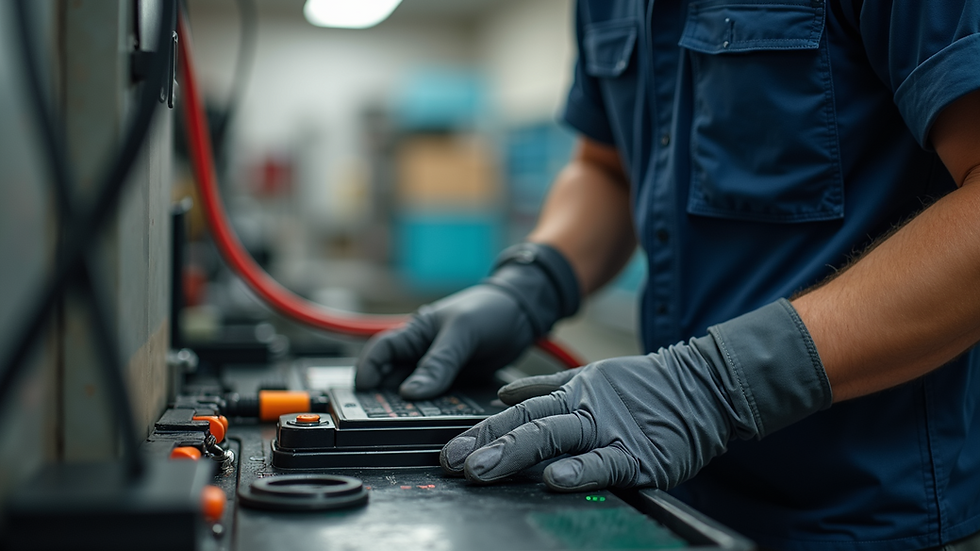 Eye-level view of a battery technician inspecting a home inverter battery
