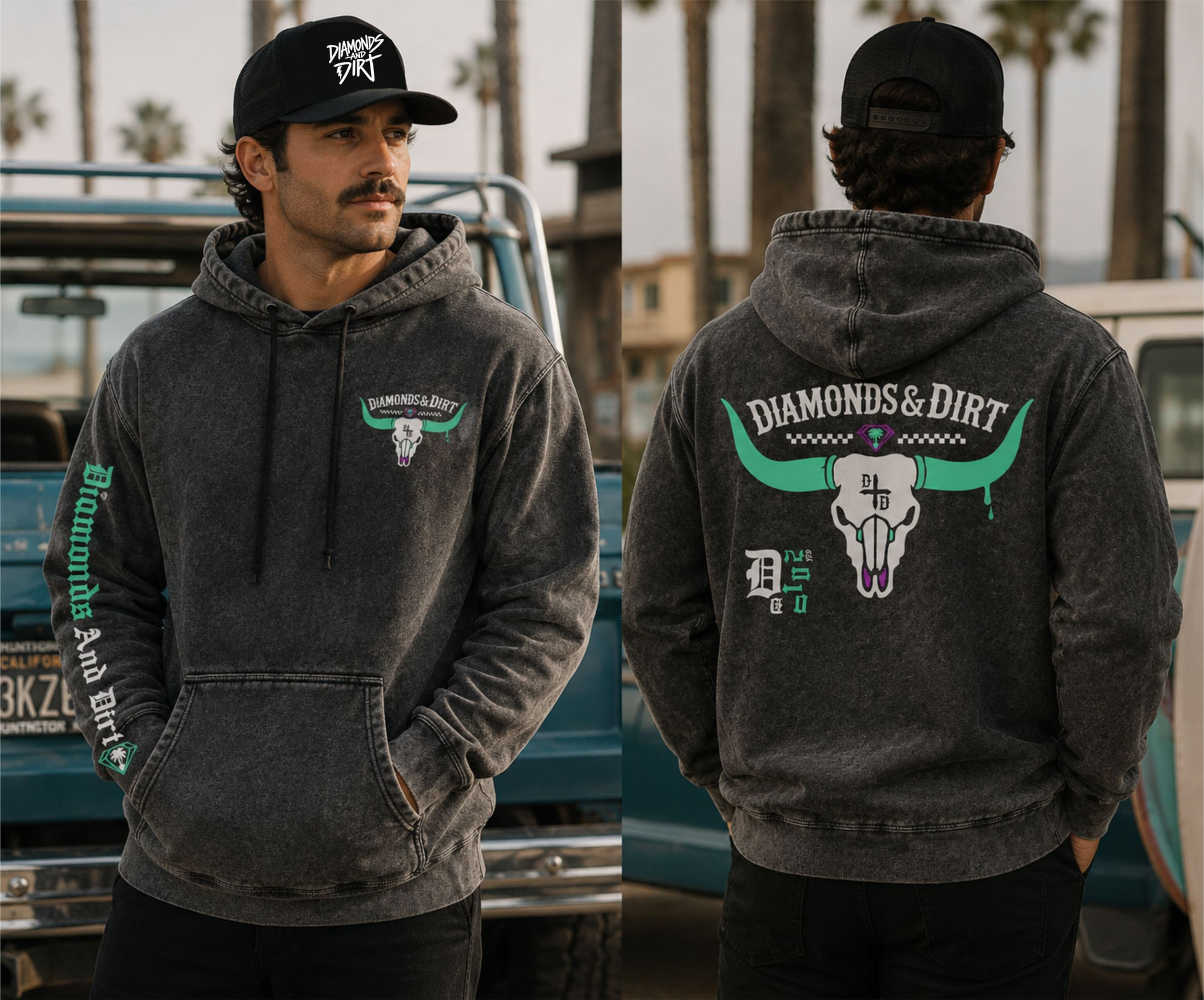 Bull Drip California Vibes Hoodie – Mineral Wash Black