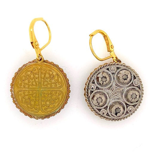 Glass Button Jewellery - Silver gilded faceted detail earrings