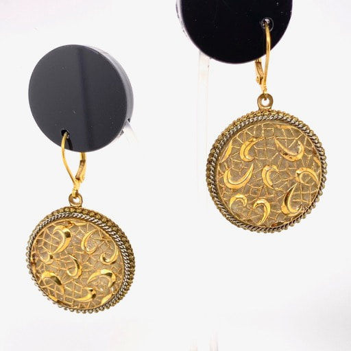 Thumbnail: Glass Button Jewellery - Earrings with gilded lace/scroll pattern