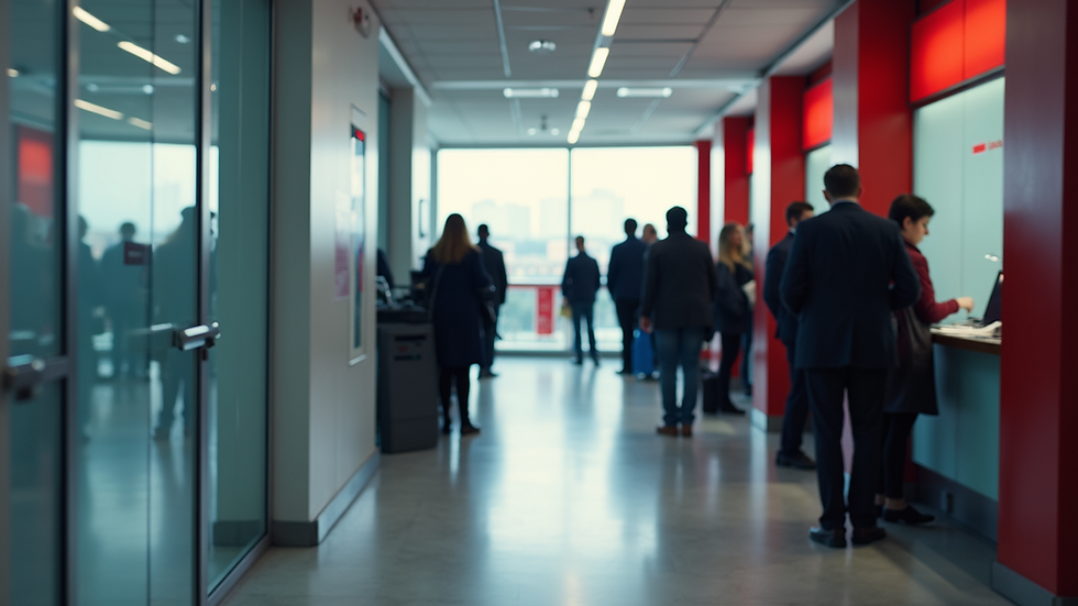 High angle view of a Canadian visa application center with a queue of applicants