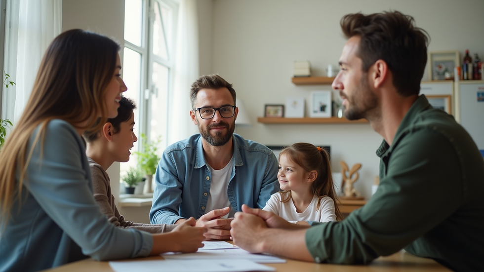 Eye-level view of a family sitting together discussing insurance options