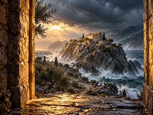 Una stretta porta luminosa conduce a una casa costruita sulla roccia mentre una tempesta attraversa il paesaggio.
