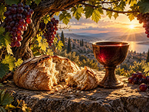 Pane spezzato e coppa di vino davanti a una vite carica di grappoli, illuminati da una luce calda e sacrale.